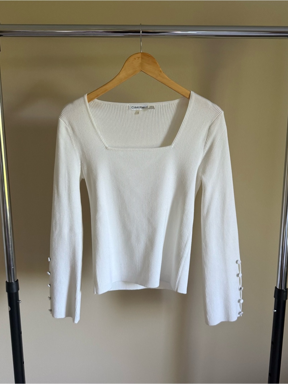 Calvin Klein White Ribbed Square-Neck Long Sleeve Top with Button Cuffs